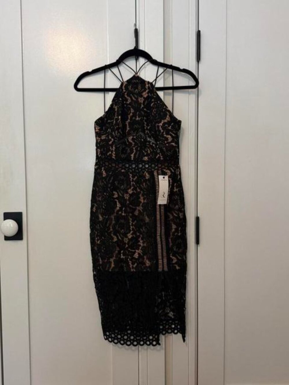 Black lace midi dress with floral pattern